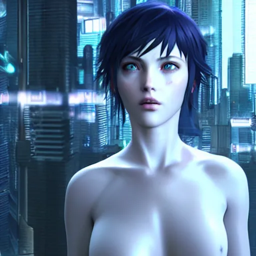 Image similar to « highly detailed, pretty ghost in the shell, photorealistic, enreal engine 5 »