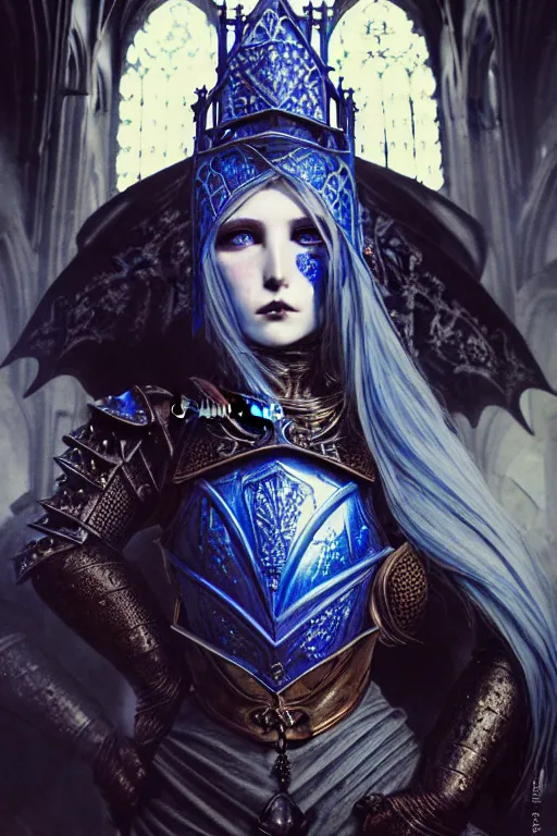 Image similar to beautiful luxury and gothic and victorian and evil medieval female blue & white armor knight portrait+smoky eyes+light flowing hair, in ruin gothic cathedral, ultradetail face, art and illustration by tian zi and craig mullins and WLOP and alphonse mucha, fantasy, intricate complexity, human structure, fantasy world concept, watermark, blurry, hyperrealism 8k