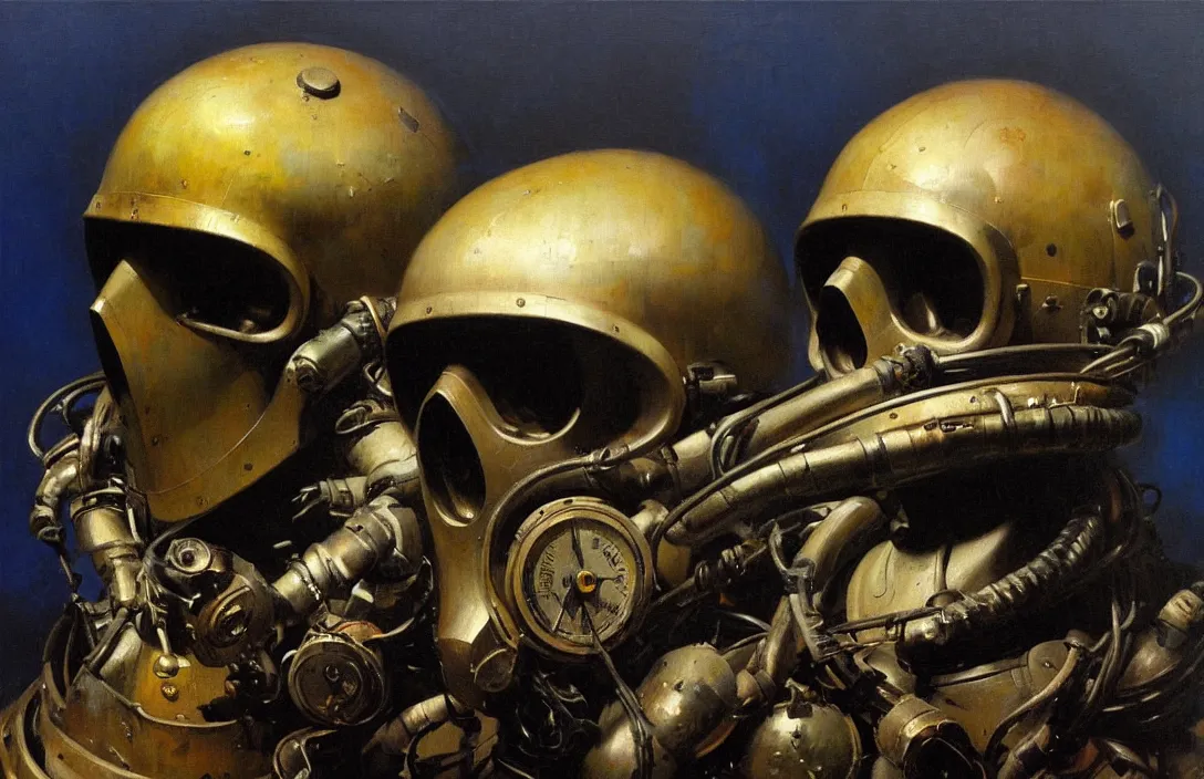 Image similar to portrait of deep sea diver helmet, detailed skull face, detailed painting, epic lighting, by ilya repin, phil hale and kent williams