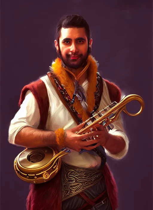 Prompt: a _ fantasy _ style _ portrait _ painting _ of islander male charismatic bard playing instrument, rpg dnd oil _ painting _ unreal _ 5 _ daz. _ rpg _ portrait _ extremely _ detailed _ artgerm _ greg _ rutkowski _ greg