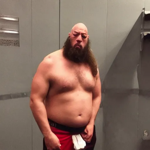 Image similar to big show wrestler vaping, highly detained, photorealistic, locker room in background,