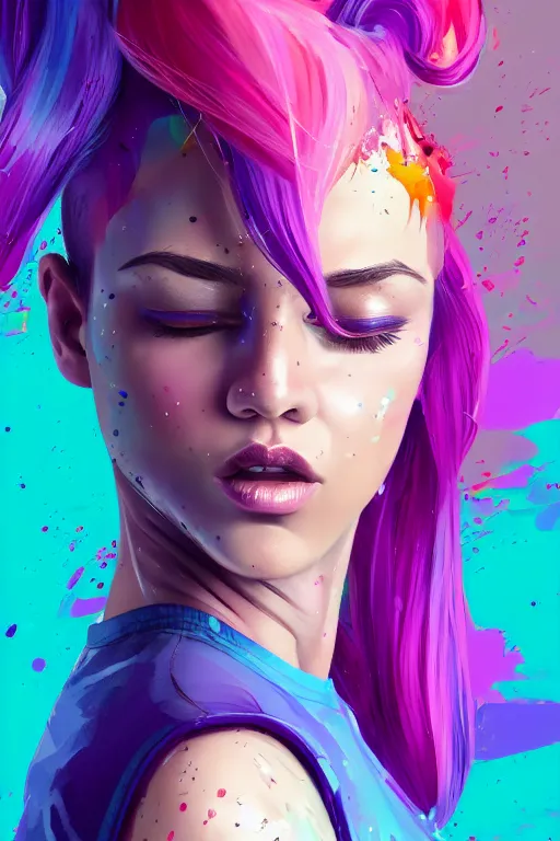 Image similar to a award winning half body portrait of a beautiful woman in a croptop and cargo pants with ombre purple pink teal hairstyle with head in motion and hair flying by artgerm, paint splashes, splatter, outrun, vaporware, shaded flat illustration, digital art, trending on artstation, highly detailed, fine detail, intricate