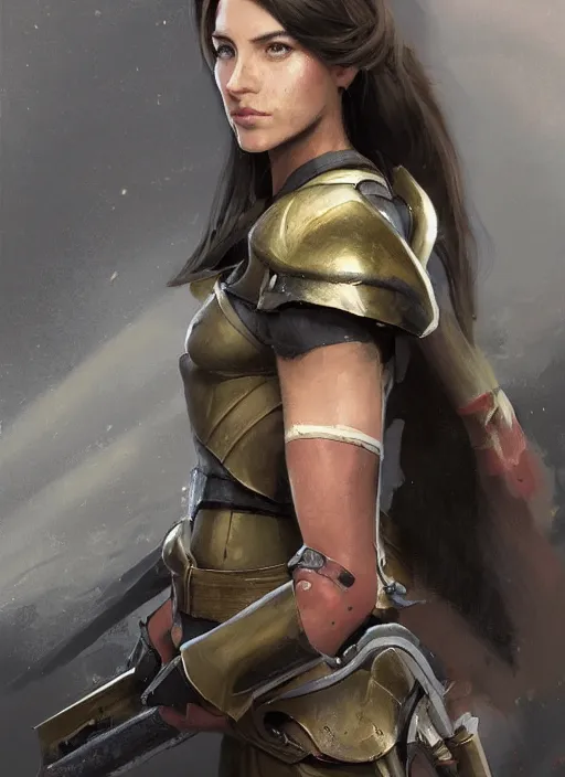 Image similar to a professional painting of a beautiful young female, clothed in military armor, olive skin, long dark hair, beautiful bone structure, symmetrical facial features, intricate, elegant, digital painting, concept art, smooth, sharp focus, illustration, from Knights of the Old Republic, by Ruan Jia and Mandy Jurgens and Artgerm and William-Adolphe Bouguerea