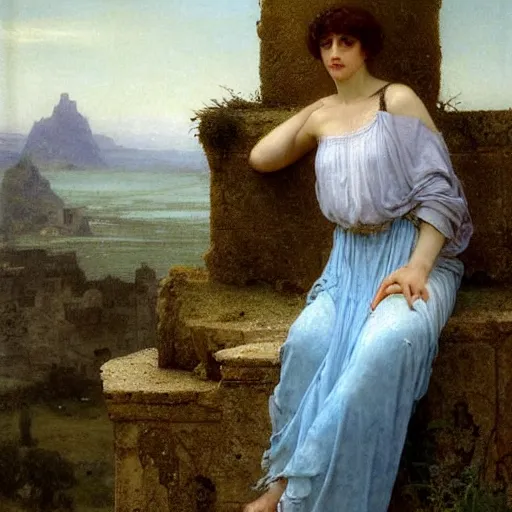 Prompt: a renaissance oil painting by alma tadema of a woman with skye blue clothes turned back on a stone balcony covered in moss with over shoulder view on desolated ruins of a city, colourful pastel artstation greg rutkowski, detailed academic bouguereau, sharp focus