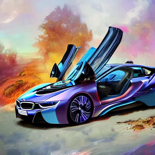 Image similar to bmw i 8 colorful, fantasy, intricate, highly detailed, digital painting, hq, trending on artstation, illustration, style of stanley artgerm and greg rutkowski and dan mumford