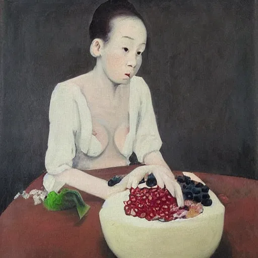 Image similar to “a portrait in an art student’s apartment, a feminine pig wearing white cotton stained with fresh juicy berries, pork, ikebana white flowers, white wax, squashed berries, acrylic and spray paint and oilstick on canvas, by munch and Dali”