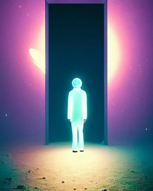 Image similar to a person standing in front of a glowy open door that's on a barren moon, poster art by mike winkelmann, trending on cg society, space art, sci - fi, ue 5, futuristic, volumetric lighting, light casting onto the ground, neat composition and camera angle