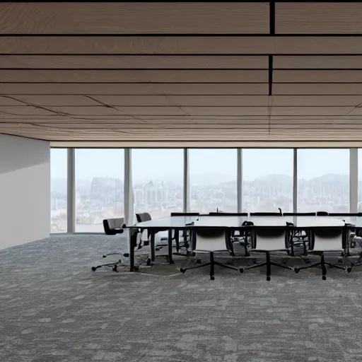 Image similar to brutalist corporate conference room interior design concept big windows minimalist furnitrue by martyn lawrence bullard design high quality ultra realistic 8 k