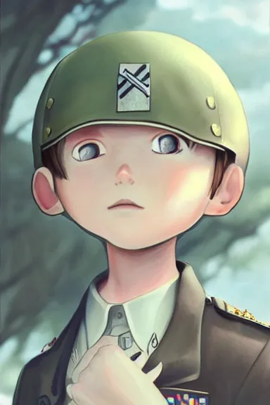 Image similar to beautiful little boy in nazi male uniform. made in abyss art style, sharps focus, cute detailed artwork, anatomically correct, ilya kuvshinov, reflection, perfect composition, wallpaper mobile, digital art, detailed anime soft face, symmetrical face, western comic, illustration, realistic, nazism, smooth, lois van baarle, soft details, illumination