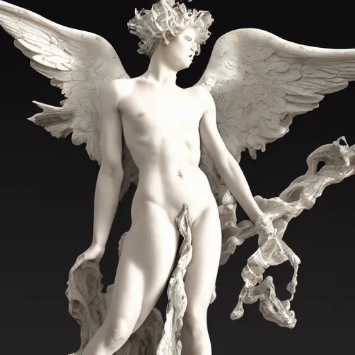 Image similar to realistic digital painting of a stunning intricate cracked white marble falling angel bernini sculpture, trailing white vapor, mycelium stands and misty xparticles neutral tone background, trending on artstation, hyperrealism, matte painting, subsurface scattering