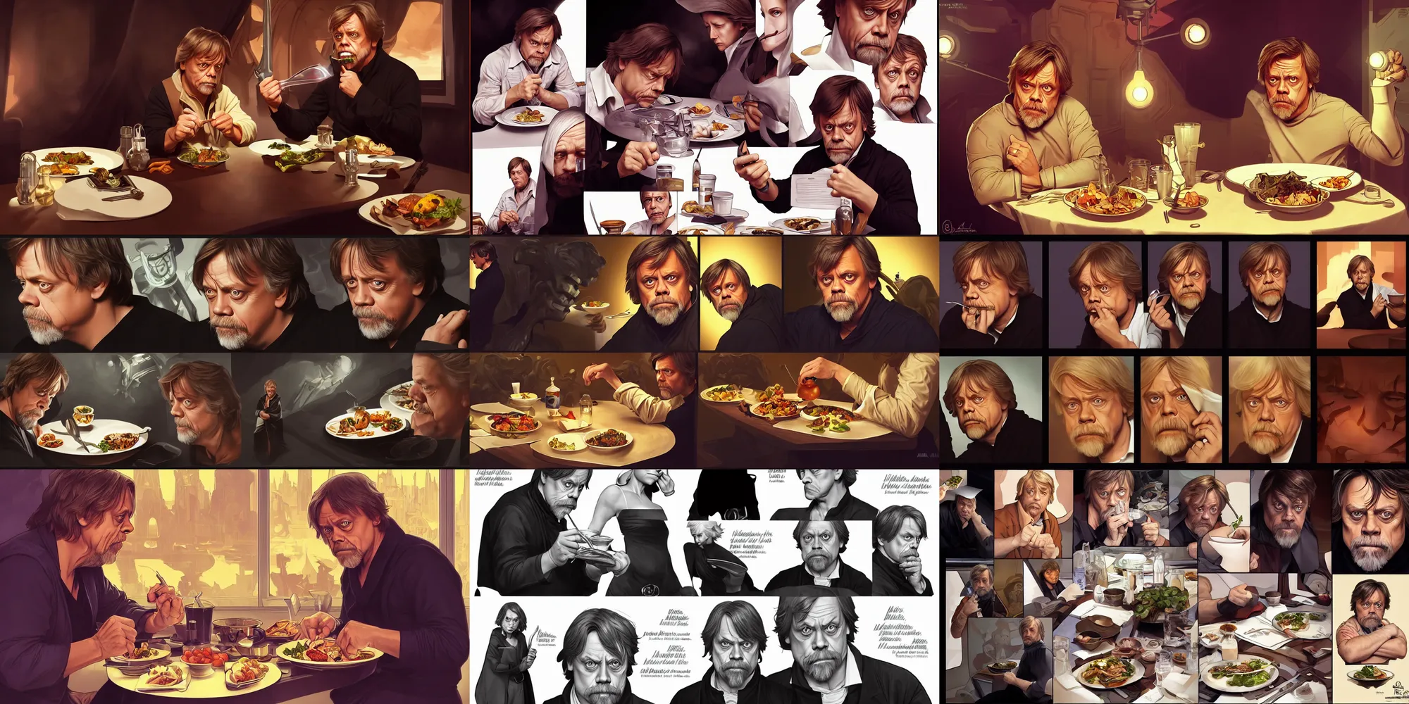 Prompt: mark hamill eating dinner, character sheet, character design, contrast, deep focus, turnaround, highly detailed, dramatic lighting, digital painting, artstation, concept art, matte, sharp focus, illustration, elegant, art by artgerm and greg f and alphonse mucha.