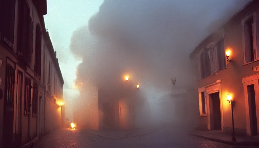 Prompt: 1 9 7 0 s movie still of a heavy burning french style townhouse in a small french village fog, cinestill 8 0 0 t 3 5 mm, heavy grain, high quality, high detail, dramatic light, anamorphic, flares