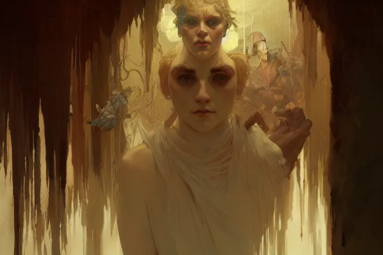 Image similar to creepy face chasing me in the backrooms, highly detailed, digital painting, artstation, concept art, sharp focus, illustration, art by greg rutkowski and alphonse mucha