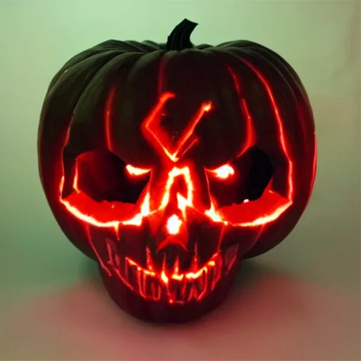 Prompt: a demonic skull sculpted into a lighted pumpkin, highly detailed, realistic, photo