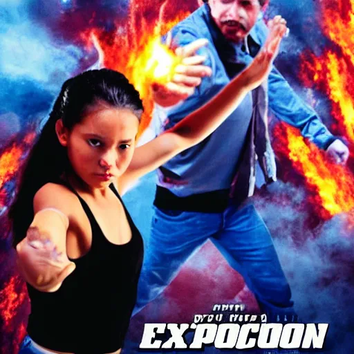 Prompt: action movie poster where a girl points a pistol at a man with his hands up, explosion in the background