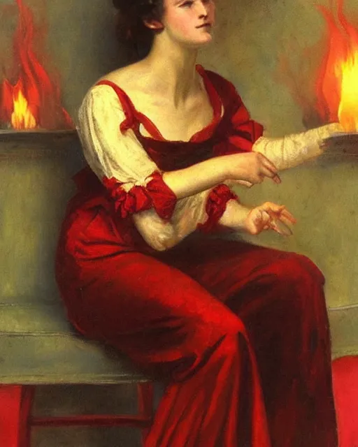 Image similar to by 1 9 th century famous painter, hands, nail polish, flames realism, realistic, oil painting, red wallpaper background