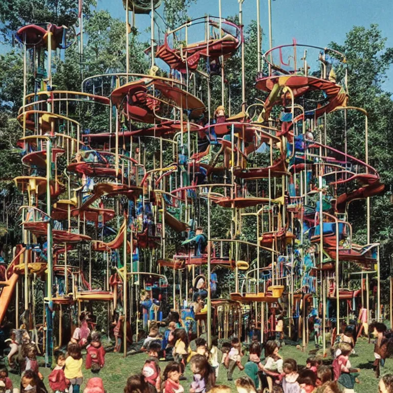 Image similar to full - color closeup 1 9 7 0 s photo of a large complex very - dense very - tall many - level jungle - gym in a crowded schoolyard. the jungle - gym is made of dark - brown wooden planks, and black rubber tires. it has many wooden spiral staircases, high bridges, ramps, and tall towers.