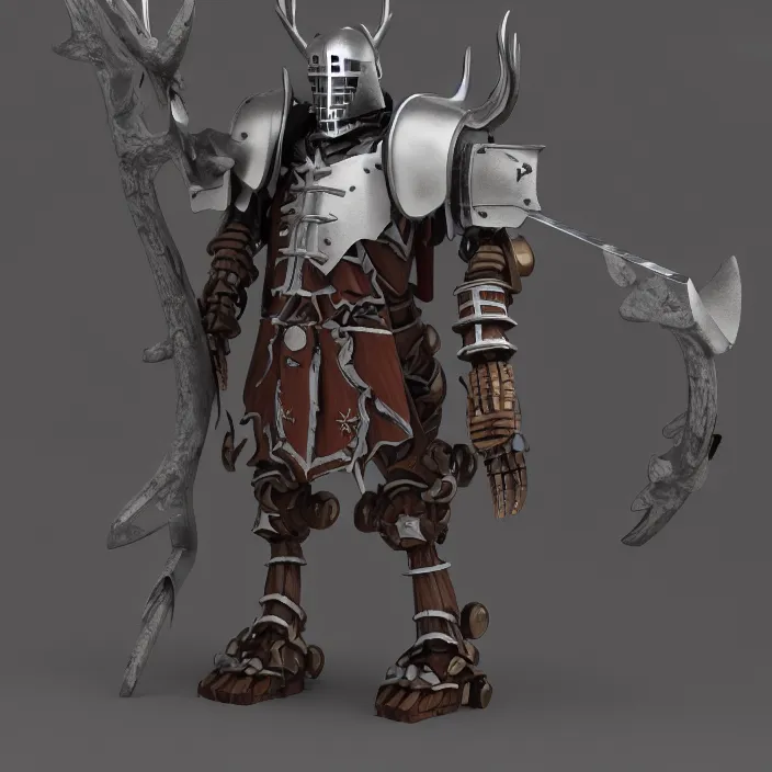 Image similar to warforged druid male anime character, wooden staff wizard, wolf armor, wolf pack, a pack of wolves, wooden antlers, made of wood, made of metal, large robot, knight, knight armor, large castle, medieval castle, wolf pack following, 3 d render beeple, realistic detailed octane render, pop up parade figure