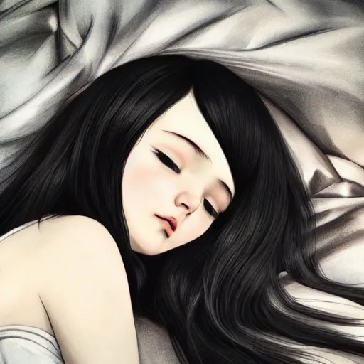 Image similar to little girl with an long black hair dressed in a simple white dress sleeping, anime art style, digital art ilya kuvshinov, inspired by balthus, hd, 4 k, hyper detailed, dark, anatomically correct, angelic face, pic