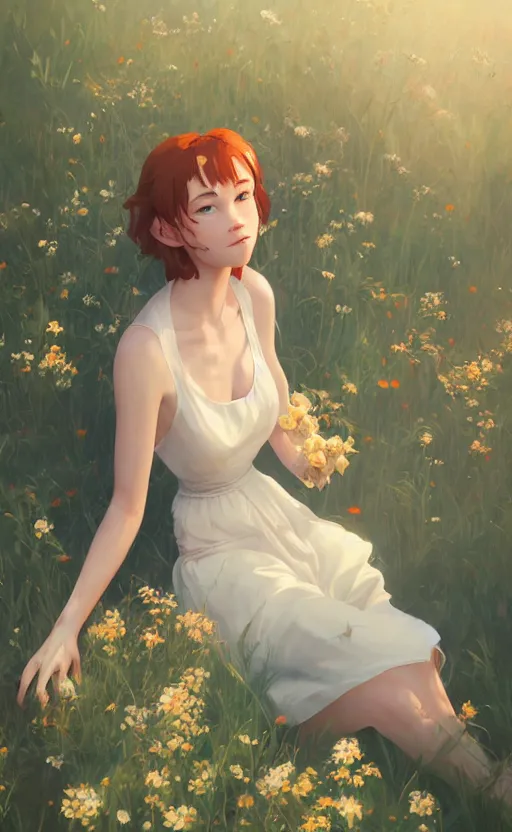 Image similar to southern ginger woman in a cream dress, freckled, sitting among flowers, airbrushed, hazy, gentle, soft lighting, wojtek fus, by makoto shinkai and ilya kuvshinov,