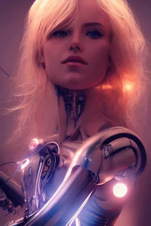 Image similar to a beautiful woman with blonde hair wearing robot suit with wires and light, highly detailed, photorealistic, artstation, smooth