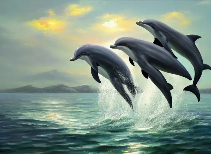 Image similar to dolphin swimming, oil painting by jama jurabaev, extremely detailed, brush hard, artstation, for aaa game, high quality, brush stroke