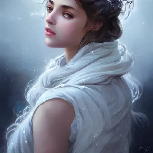 Image similar to portrait of a girl wearing white scarf, silver long curly hair, watery eyes, leopard ears, fantasy, intricate, elegant, highly detailed, digital painting, artstation, concept art, smooth, sharp focus, illustration, art by artgerm and greg rutkowski and alphonse mucha