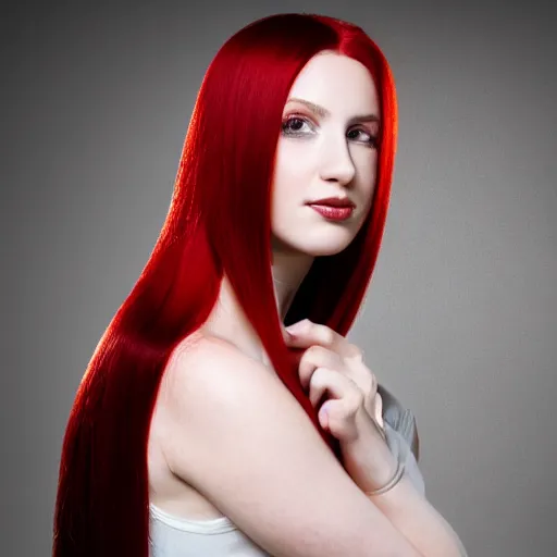 Prompt: Portrait of a young, stunningly beautiful woman with red straight hair on the right half of her head and white straight hair on the left half of her head, award-winning photo, 4k, 8k, studio lighting, Nikon D6, 35mm