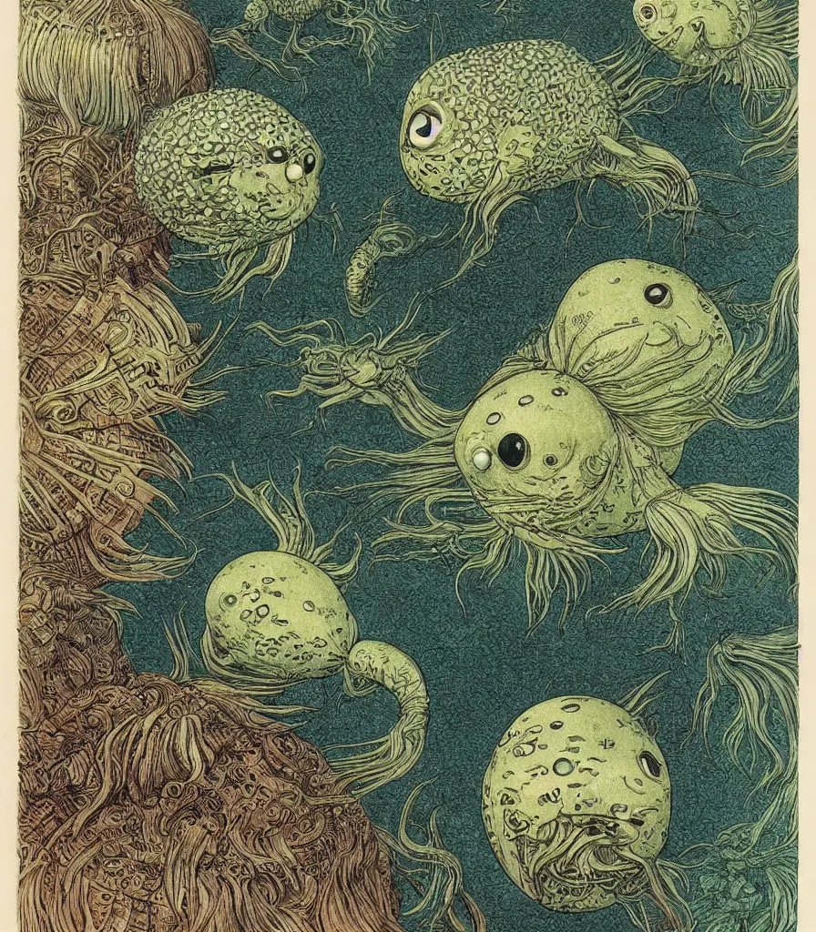 Image similar to alien pufferfish color scientific illustration by Ernst Haekel, Hayao Miyazaki, color illustration