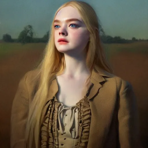 Image similar to ultra realistic portrait painting of elle fanning as a western outlaw, art by michael sowa, 4 k, ultra realistic, highly detailed, epic lighting