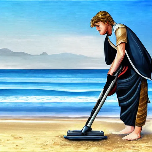 Prompt: Anakin Skywalker vacuuming the beach to remove sand, digital painting, highly detailed