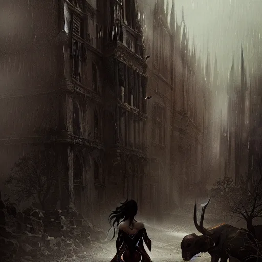 Prompt: gothic concept art by greg rutkowski, wonder woman walking down a barren street with strange creatures watching her from the buildings nearby, enigmatic atmosphere, beautiful and cinematic lighting, artstation hq.
