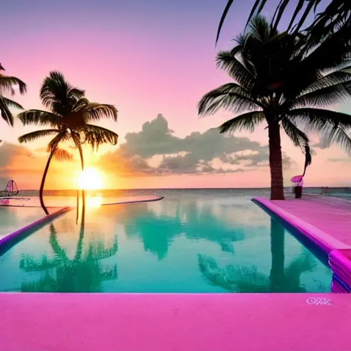 Image similar to motel, swimmingpool, sunset, palms, beach, sunset, vaporwave, pink, blue, green, purple, aesthetic.