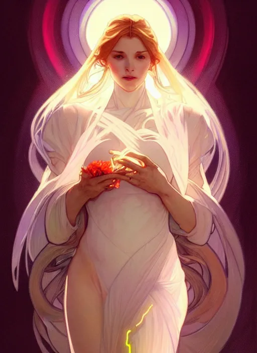 Prompt: digital character concept art by artgerm and greg rutkowski and alphonse mucha. clear portrait of a modern young wife blessed by god to unstoppably grow more perfect and fertile!! blonde, in clothes! holy full - figured! light effect. hyper detailed, glowing lights!! intricate, elegant, digital painting, artstation, smooth, sharp focus