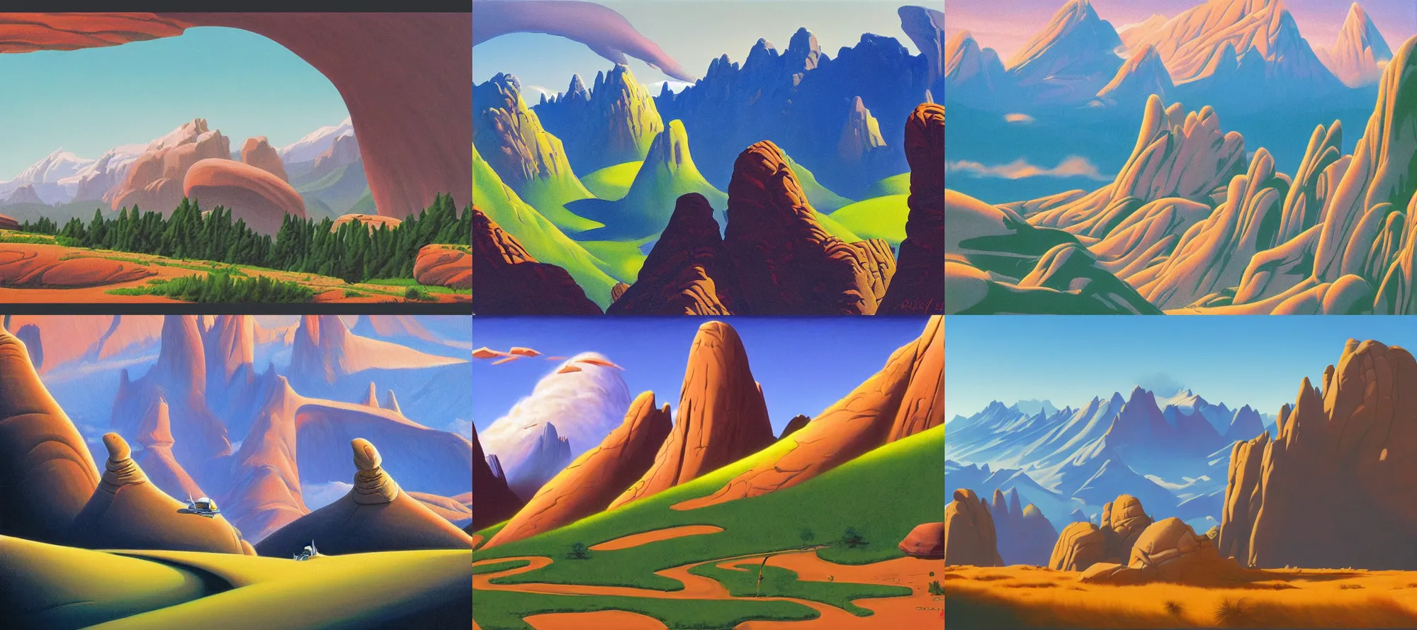 Prompt: rocky mountains landscape in the style of dr. seuss, starships, painting by ralph mcquarrie