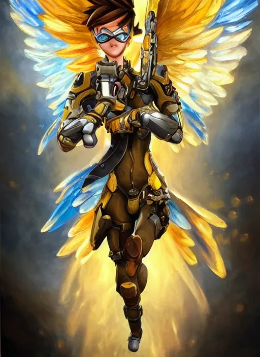 KREA - full body oil painting of tracer overwatch in the style of artgerm,  angel wings, angelic golden armor, dramatic painting, symmetrical  composition, ornate, high detail, gold detailed collar!!!!!, blooming,  lights, flowers