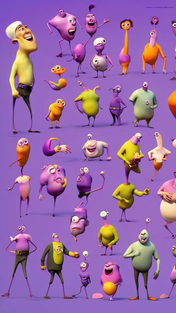 Prompt: a funny character office dot, charismatic and intelligent, 3 d design, ambient occlusion, soft body, post - processing, colorful, purple colors, pixar studio style