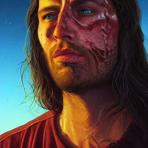 Prompt: close portrait artwork of long haired man tearing the skin from his face to reveal lizard skin. Artwork by Dan Mumford, realistic cinematic lighting, ultra detailed, hyper realism