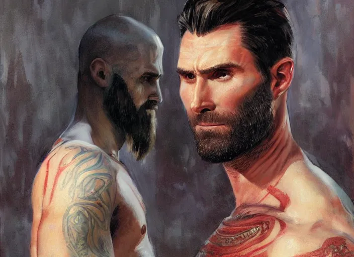 Prompt: a highly detailed beautiful portrait of adam levine as kratos, by gregory manchess, james gurney, james jean