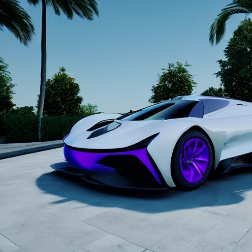 Image similar to iridescent pearl colored supercar, black spoiler, white rims, purple tinted windows, mansion in background, 8 k, octane render, ultra detailed, intricate