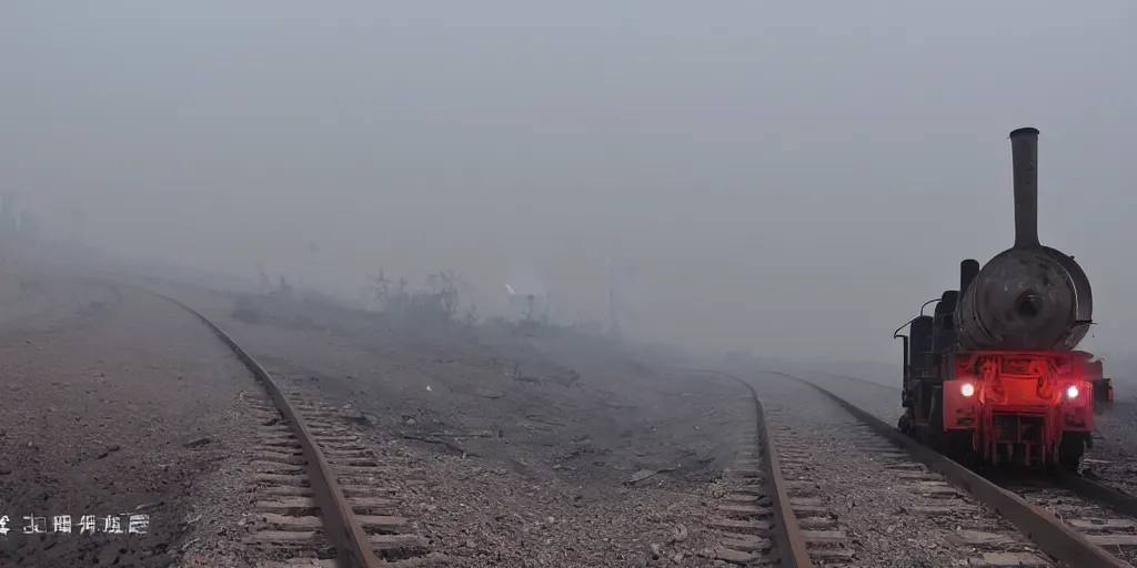 Prompt: industrial mine, pollution, haze, baotou china, steam train,