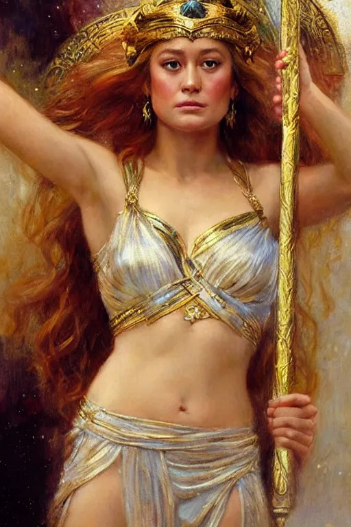 Image similar to portrait of brie larson as a greek goddess. art by gaston bussiere.