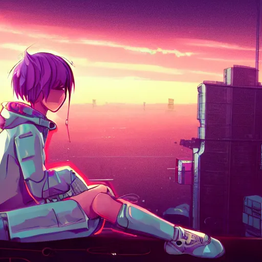 Prompt: android mechanical cyborg anime girl child overlooking overcrowded urban dystopia sitting. Pastel pink clouds baby blue sky. Gigantic future city. Raining. Makoto Shinkai. Wide angle. Distant shot. Purple sunset. Sunset ocean reflection. Pink hair. Pink and white hoodie. Cyberpunk. featured on artstation. cyborg circular knee.