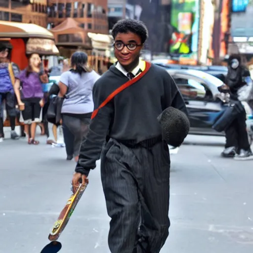 Image similar to high quality photo of a black harry potter on a skateboard in new york city