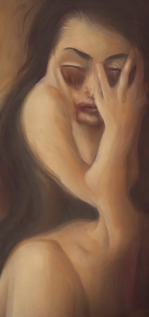 Prompt: a beautiful painting of a sad woman crying in the night, room, weird, blurry, water