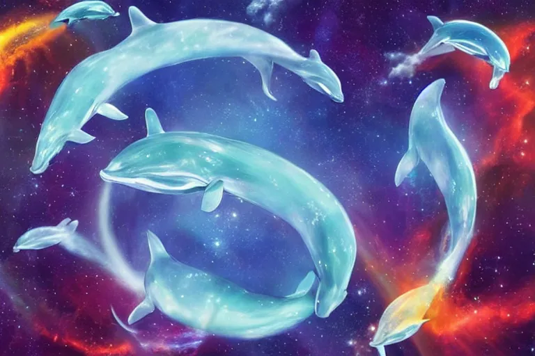 Image similar to a group of cosmic dolphins jumping out of a cosmic ocean in space, half of the screen is cosmic ocean