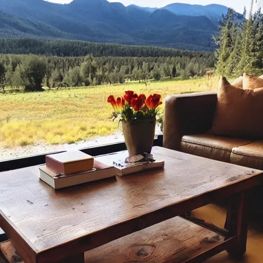 Image similar to cute coffee table overlooking blurred out rustic country mountains in the background and sunny sky