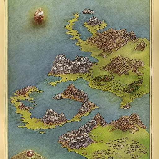Image similar to an isometric fantasy map, the land of Odrua, uncluttered, bordered by ocean, continent with mountains lakes hills and cities, by brian froud by jrr tolkien