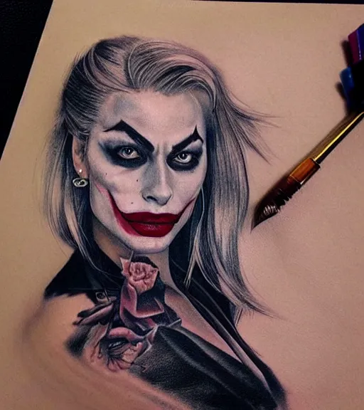 Image similar to tattoo design sketch of beautiful margot robbie portrait with joker makeup, in the style of den yakovlev, realistic face, black and white, realism tattoo, hyper realistic, highly detailed