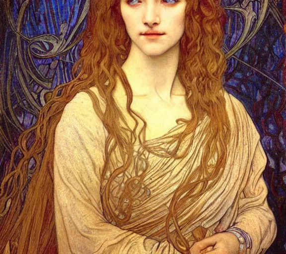 Image similar to detailed realistic beautiful young medieval queen face portrait by jean delville, alphonse mucha, vincent van gogh, and marco mazzoni, art nouveau, symbolist, visionary, gothic, pre - raphaelite